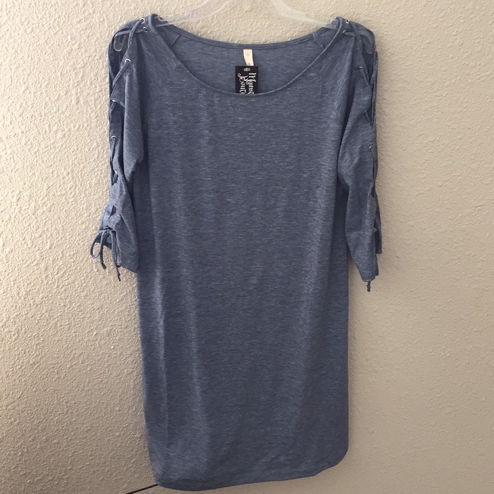Large heathered blue dress with lace up sleeves